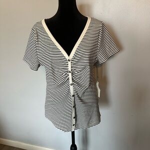 Nine Britton Black and Cream Buttoned Ruched Top